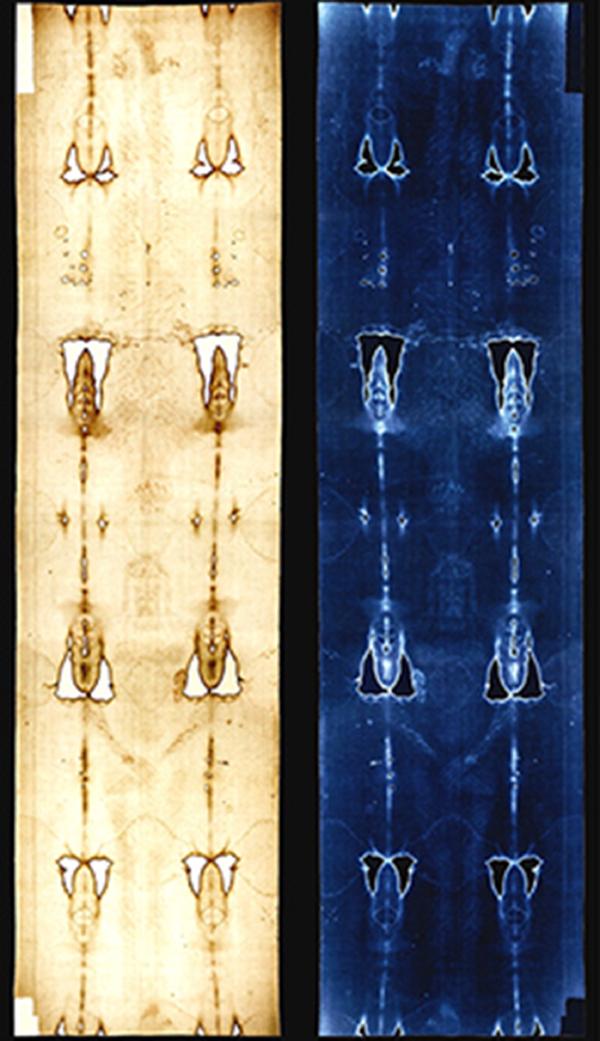 Links: de gehele Lijkwade: Een linnen doek met geel-bruine vlekken. Rechts: de gehele Lijkwade zoals te zien is op een belichte glasplaat.